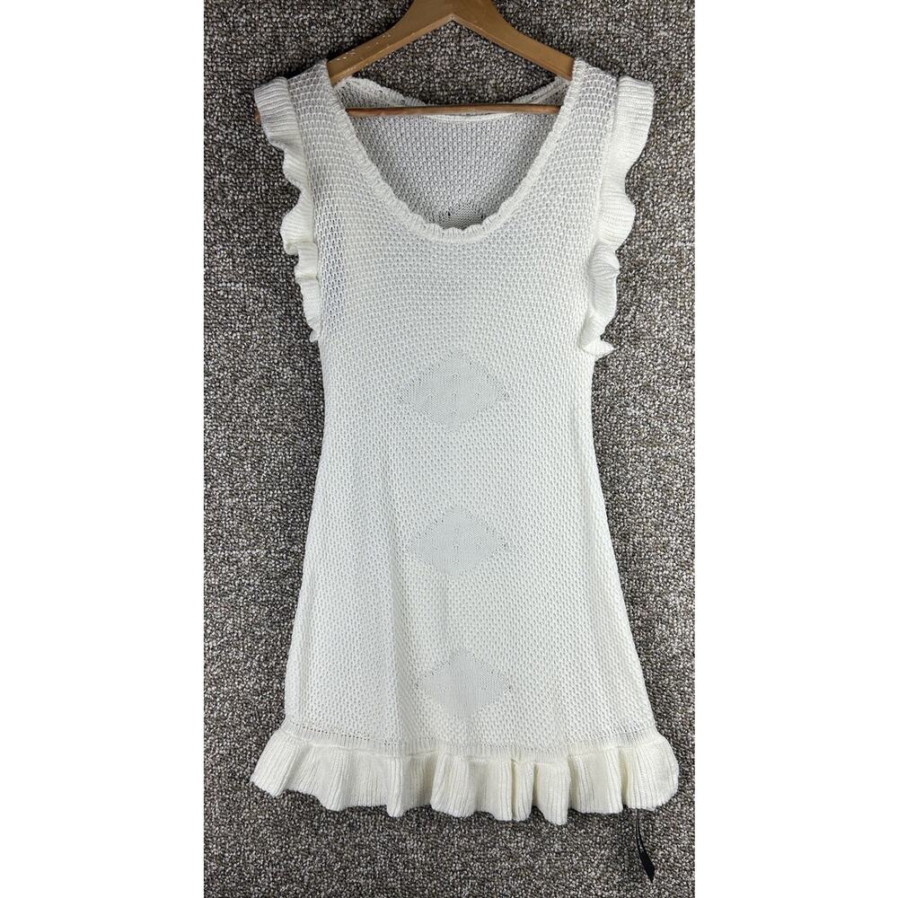 Allegra K Women's Crochet Dresses Round Ruffle Short Sleeves Knit Ivory Sz Med